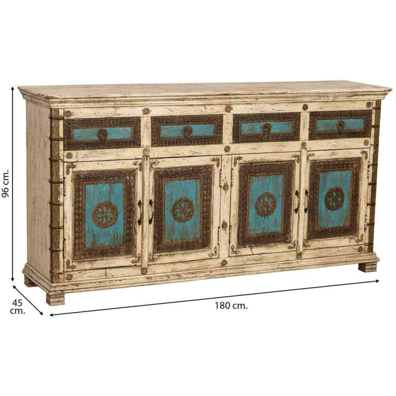 Buffet indien blanc turquoise bois et...