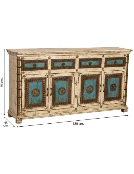 Buffet indien blanc turquoise bois et laiton 180 cm Mandawa