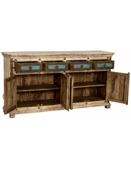 Buffet indien blanc turquoise bois et laiton 180 cm Mandawa