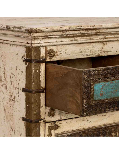 Buffet indien blanc turquoise bois et laiton 180 cm Mandawa