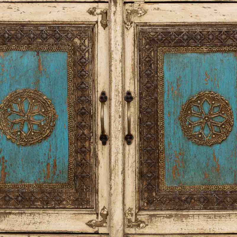 Buffet indien blanc turquoise bois et...