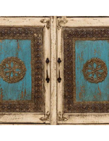 Buffet indien blanc turquoise bois et laiton 180 cm Mandawa