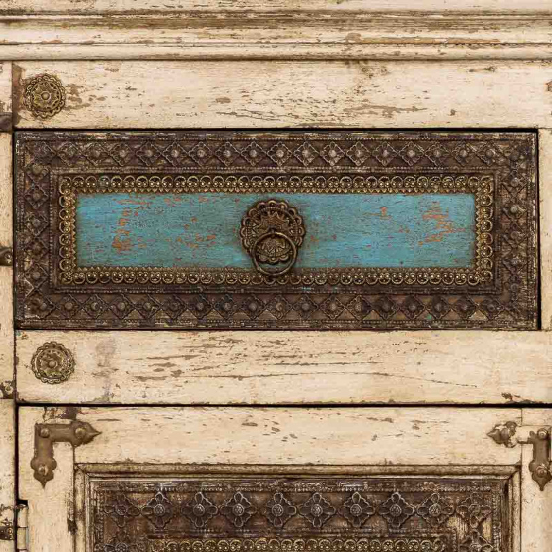 Buffet indien blanc turquoise bois et...