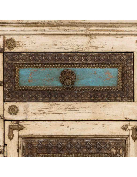 Buffet indien blanc turquoise bois et laiton 180 cm Mandawa