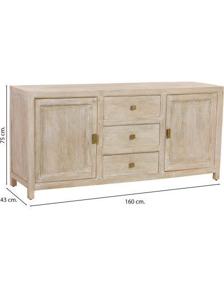 Buffet beige 2 portes 3 tiroirs en bois 160x43x75 cm Tavira
