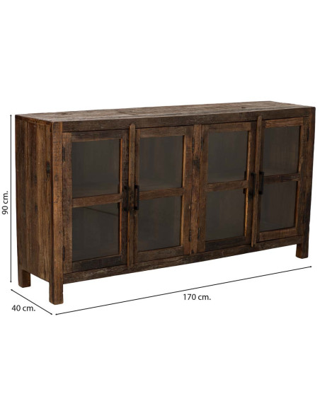 Buffet vitrine bois de manguier marron 4 portes 170x40x90 cm Lüchow