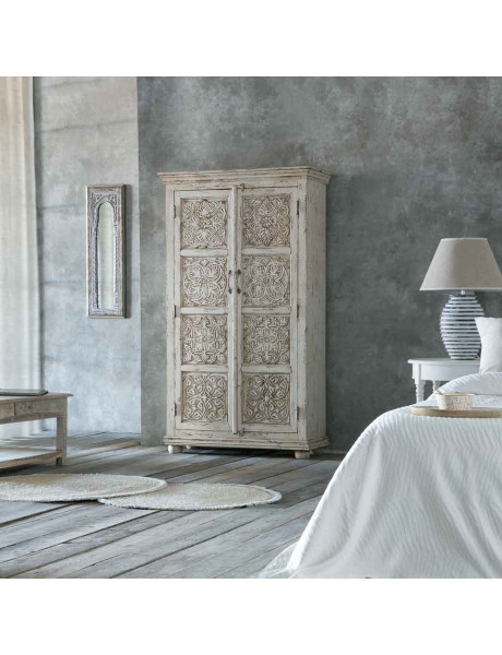 Armoire bois sculpté patine blanche 96x40x167 cm Mandawa  - 2