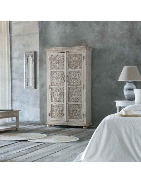 Armoire bois sculpté patine blanche 96x40x167 cm Mandawa