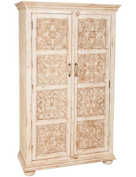 Armoire bois sculpté patine blanche 96x40x167 cm Mandawa