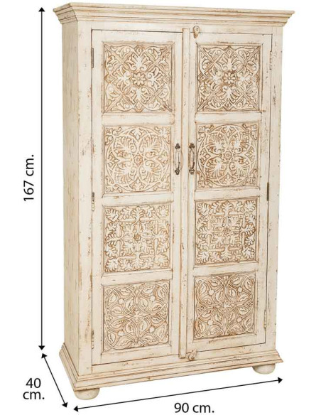 Armoire bois sculpté patine blanche 96x40x167 cm Mandawa