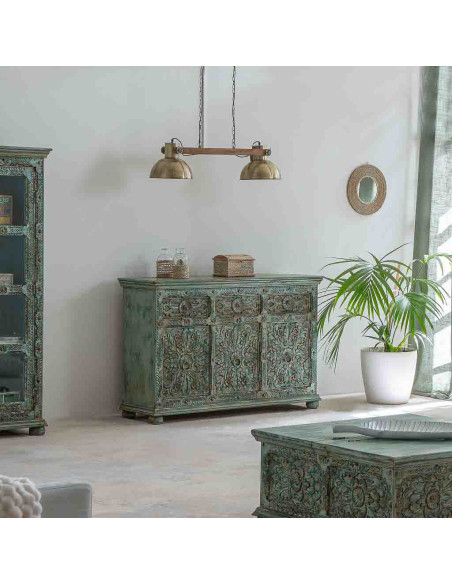 Buffet bois sculpté vert patiné 147x45x96 cm Nawalgarh