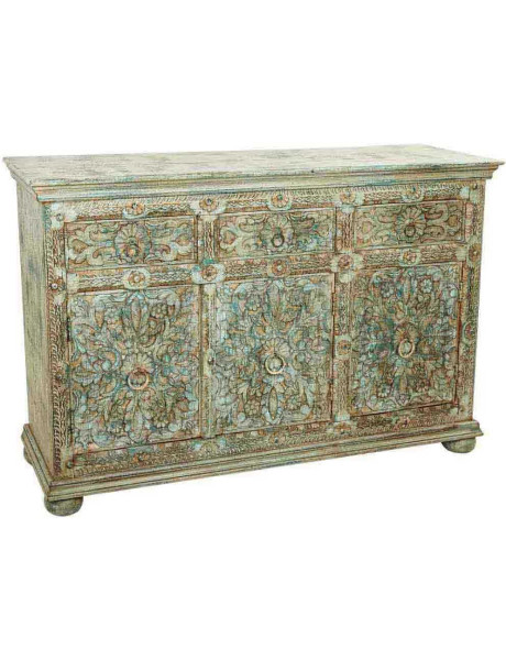 Buffet bois sculpté vert patiné 147x45x96 cm Nawalgarh