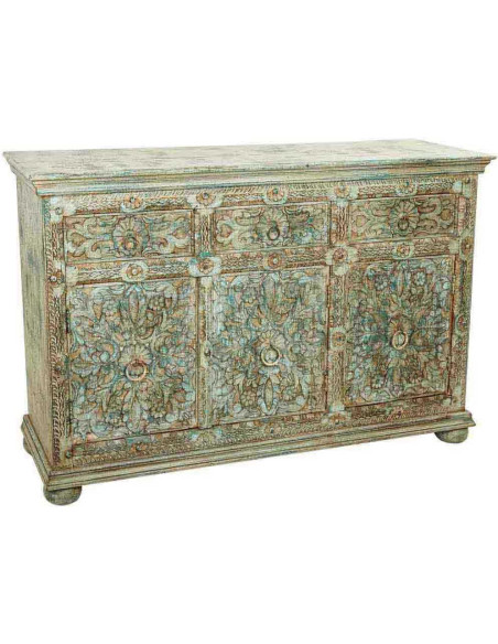 Buffet bois sculpté vert patiné 147x45x96 cm Nawalgarh