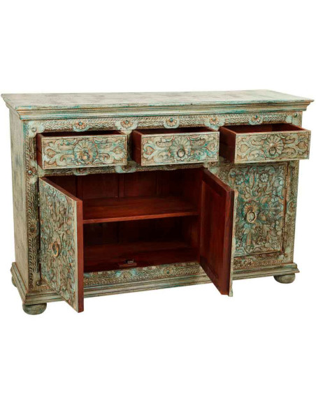 Buffet bois sculpté vert patiné 147x45x96 cm Nawalgarh