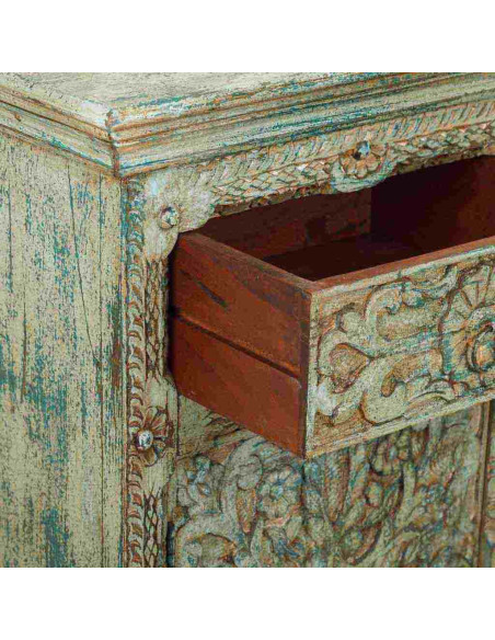 Buffet bois sculpté vert patiné 147x45x96 cm Nawalgarh