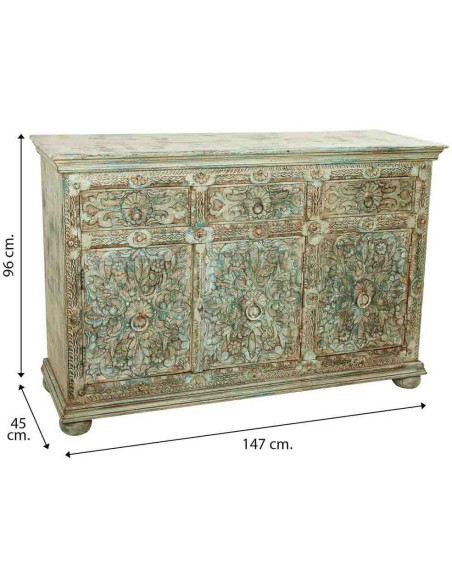 Buffet bois sculpté vert patiné 147x45x96 cm Nawalgarh