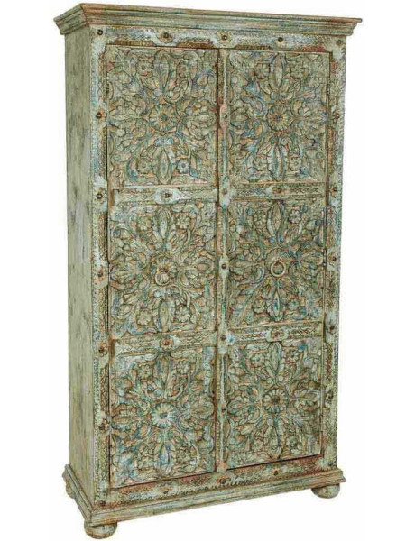 Armoire bois sculpté vert patiné 102x44x183 cm Nawalgarh