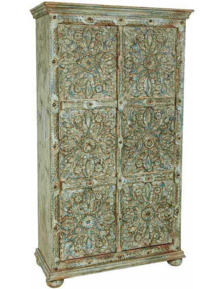 Armoire bois sculpté vert patiné 102x44x183 cm Nawalgarh