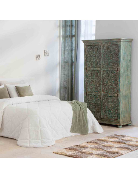 Armoire bois sculpté vert patiné 102x44x183 cm Nawalgarh
