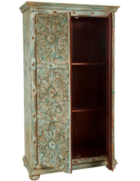 Armoire bois sculpté vert patiné 102x44x183 cm Nawalgarh