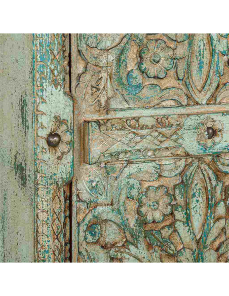 Armoire bois sculpté vert patiné 102x44x183 cm Nawalgarh