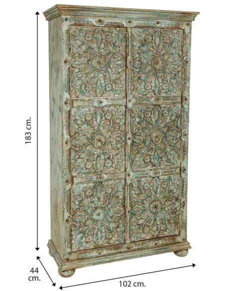 Armoire bois sculpté vert patiné 102x44x183 cm Nawalgarh