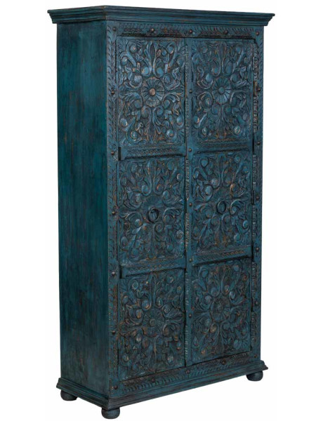 Armoire bois sculpté bleu patiné 102x44x183 cm Bundi