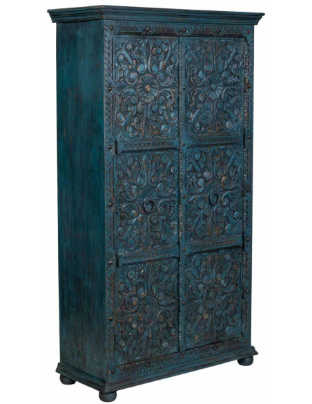 Armoire bois sculpté bleu patiné 102x44x183 cm Bundi