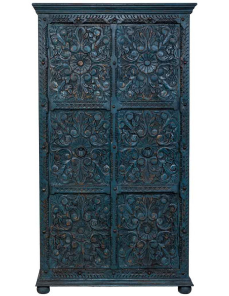 Armoire bois sculpté bleu patiné 102x44x183 cm Bundi