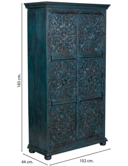 Armoire bois sculpté bleu patiné 102x44x183 cm Bundi