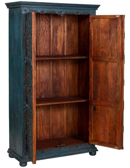 Armoire bois sculpté bleu patiné 102x44x183 cm Bundi