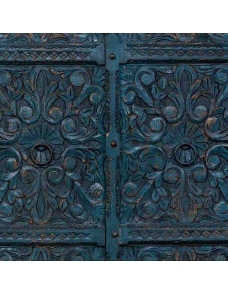 Armoire bois sculpté bleu patiné 102x44x183 cm Bundi
