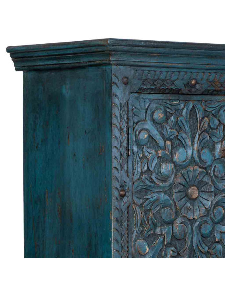 Armoire bois sculpté bleu patiné 102x44x183 cm Bundi