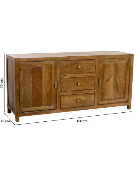 Buffet bois de manguier marron 2 portes 3 tiroirs 160x43x75 cm Khetri