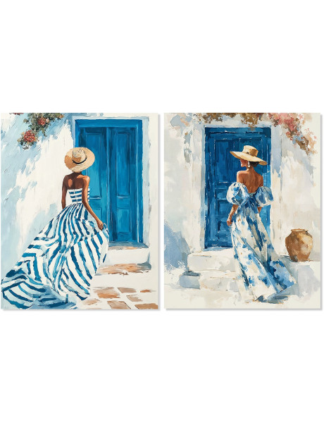Lot de 2 tableaux femme méditerranéenne bleue 40x50 cm...