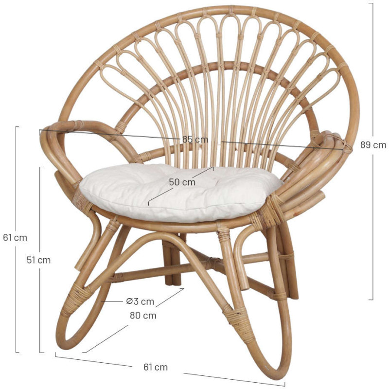 Fauteuil rotin naturel coussin blanc...