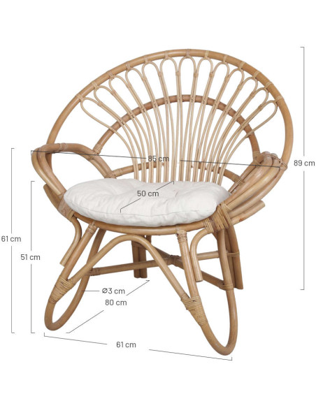 Fauteuil rotin naturel coussin blanc 80x95x91 cm Fornalutx