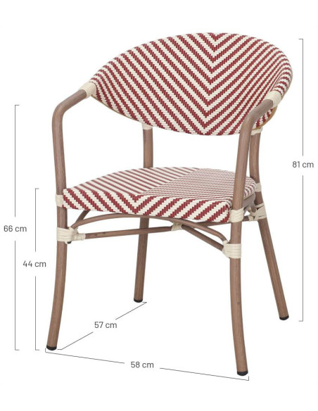 Chaise de terrasse bistrot rouge et blanc avec accoudoirs 81 cm Piran