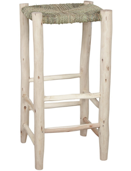 Tabouret haut bois naturel assise tressée 35x35x70 cm Loulé