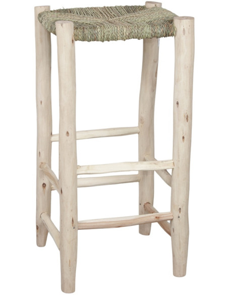 Tabouret haut bois naturel assise tressée 35x35x70 cm Loulé