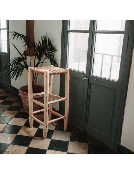 Tabouret haut bois naturel assise tressée 35x35x70 cm Loulé