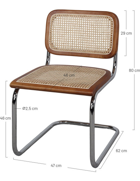 Chaise cannage bois marron métal chromé 47x67x80 cm Gera