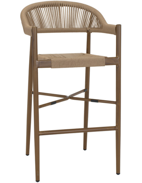Tabouret de bar extérieur corde beige métal effet bambou 58x57x115 cm Sóller