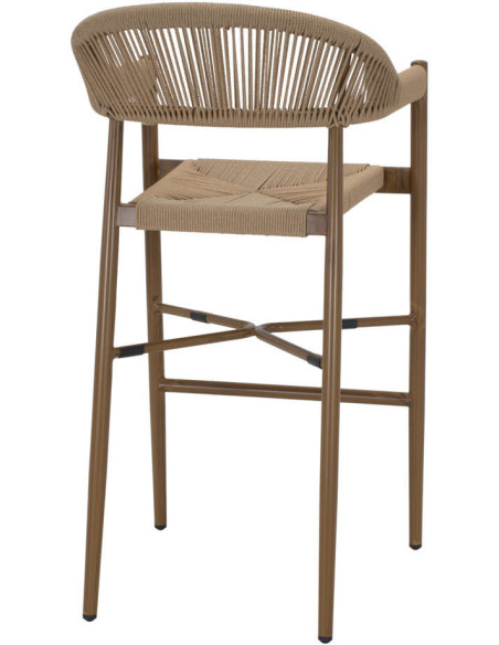 Tabouret de bar extérieur corde beige métal effet bambou 58x57x115 cm Sóller