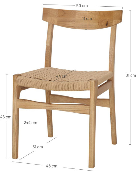 Chaise bois d’orme naturel assise tressée 50x56x81 cm Ribe