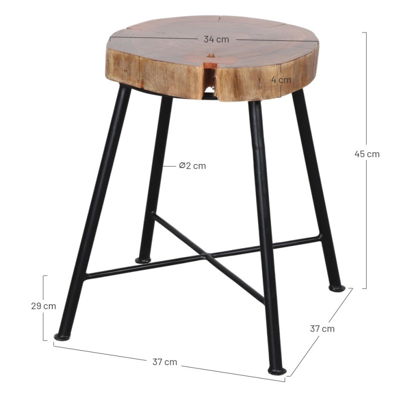 Tabouret bas bois massif métal noir...