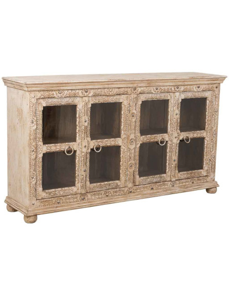 Buffet vitrine bois de manguier beige 180x43x100 cm Karauli