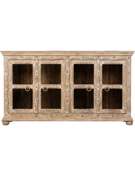 Buffet vitrine bois de manguier beige 180x43x100 cm Karauli