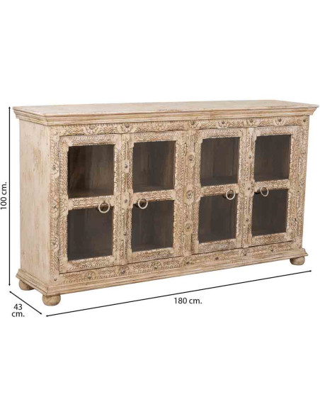 Buffet vitrine bois de manguier beige 180x43x100 cm Karauli