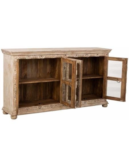 Buffet vitrine bois de manguier beige 180x43x100 cm Karauli